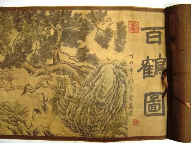 

Китайская картина прокрутки Qing Dyansty сто кранов, длина 395 см