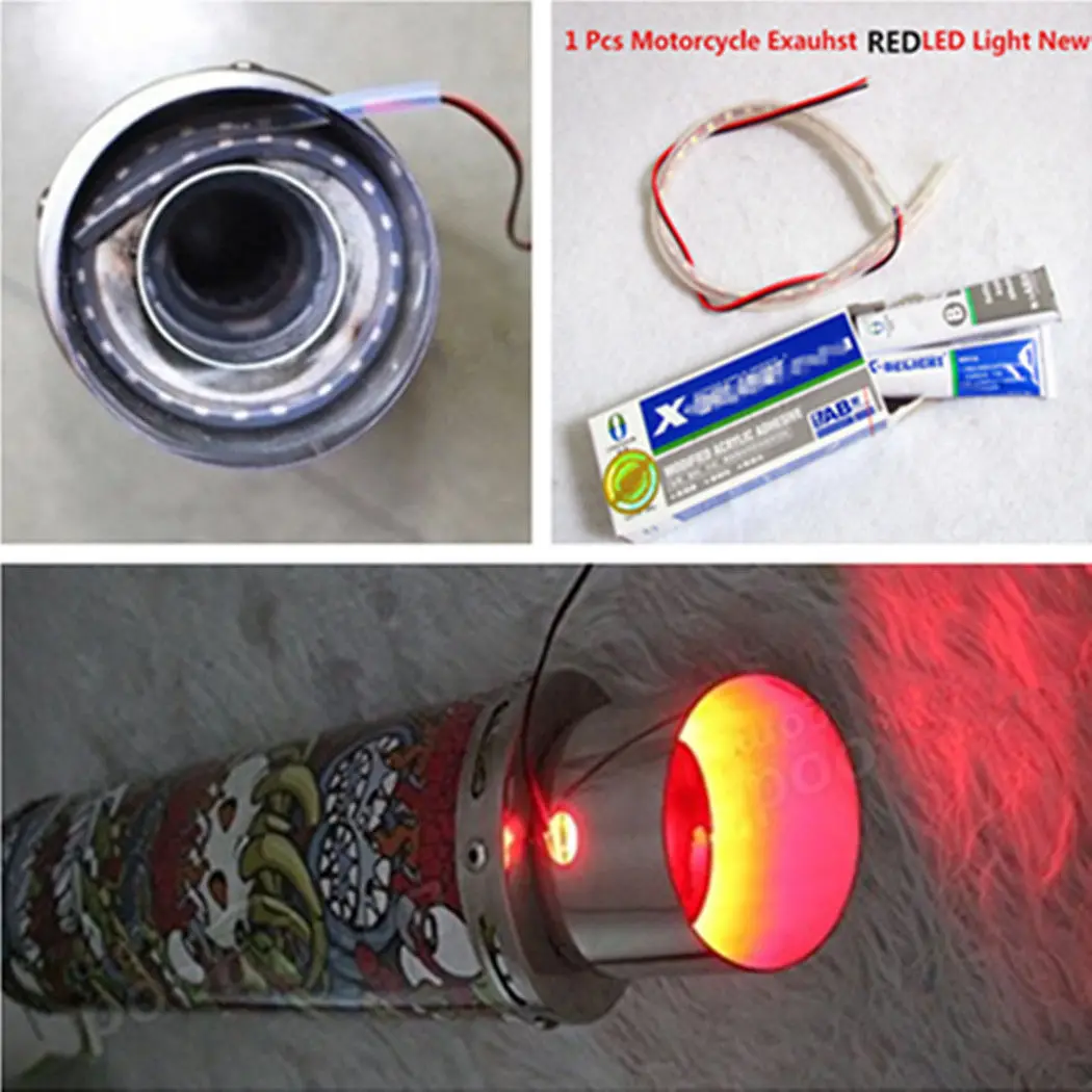 Tubo trasero de escape, tira de luz LED calentada roja, encendido de modificación para motocicleta
