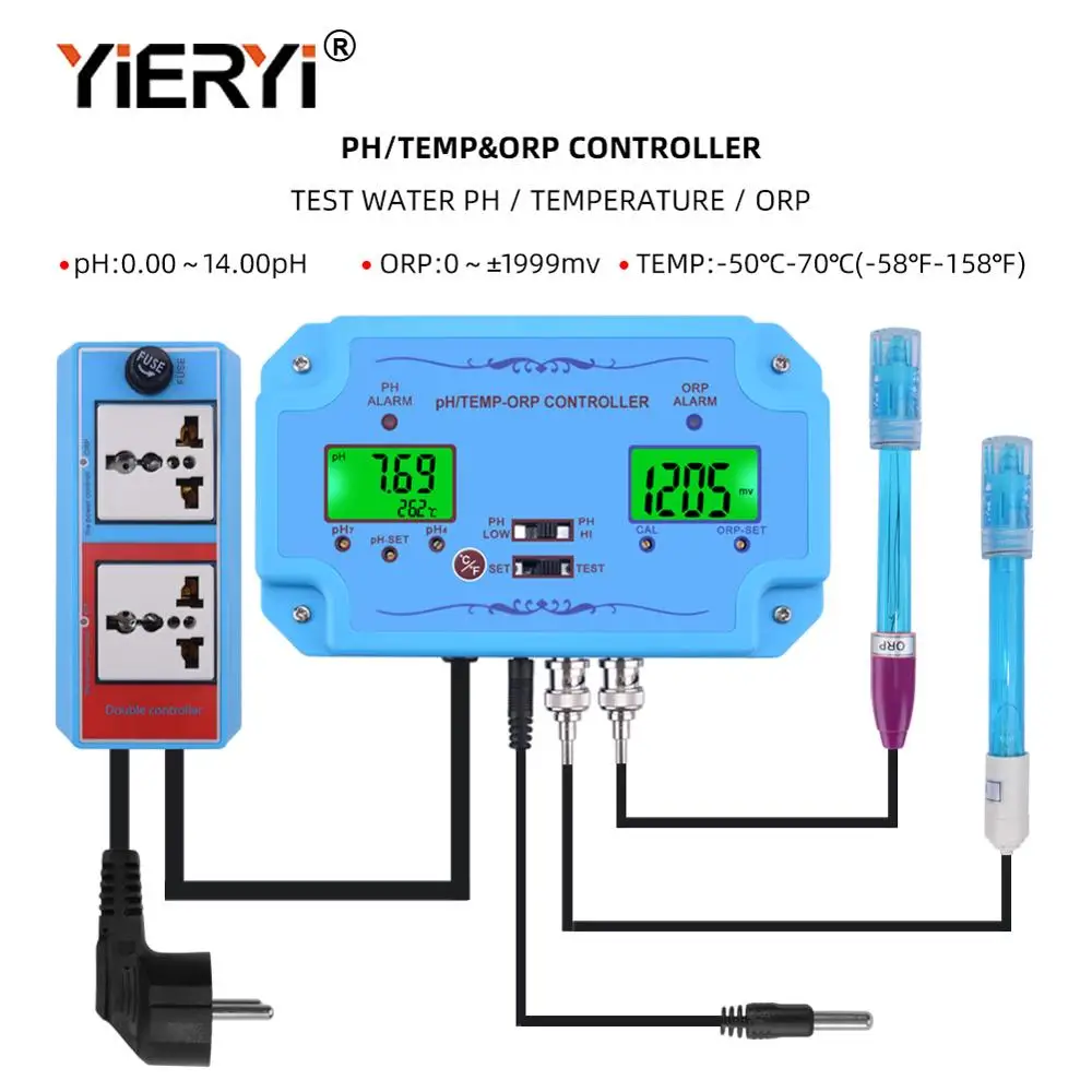 

yieryi 3 in 1 pH/TEMP/ORP Controller Water Quality Detector BNC Type Probe Water Quality Tester for Aquarium Monitor