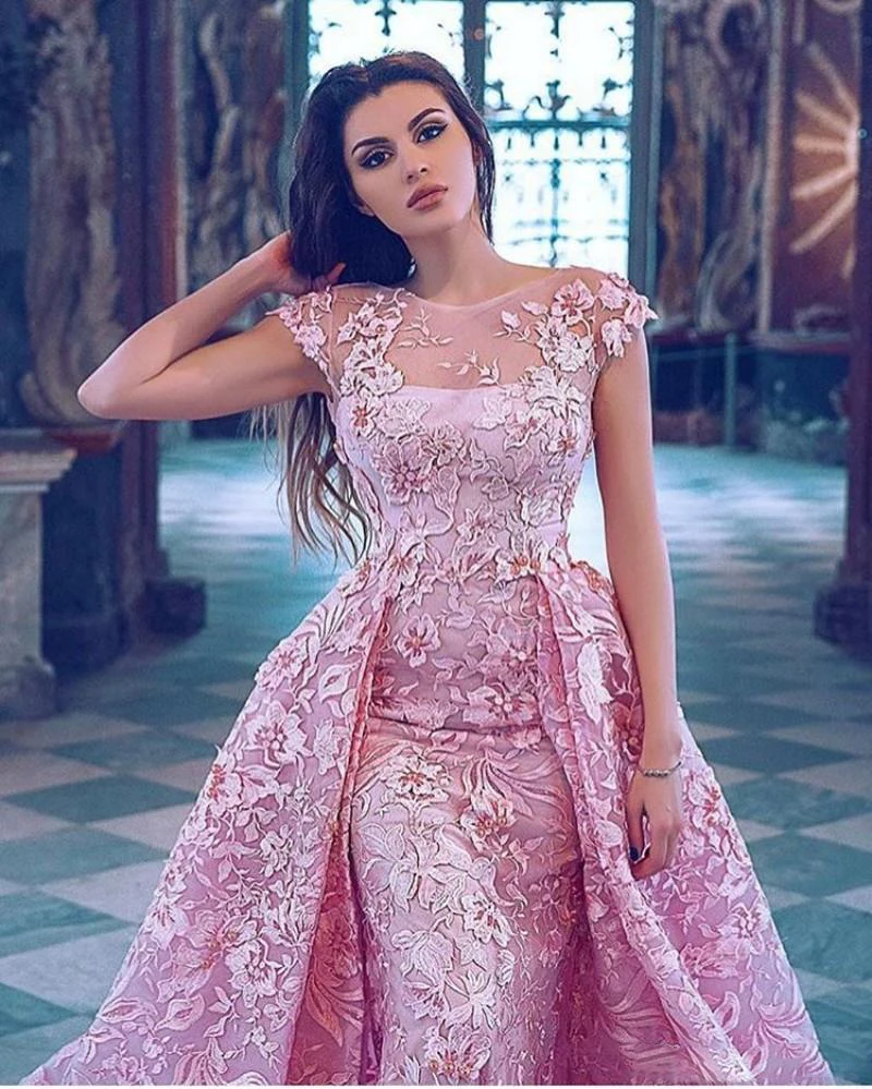 Luxury Pink Mermaid Prom Dresses With Detachable Train Lace Appliqued Formal Evening Gowns Lebanon Charming Prom Party Dress