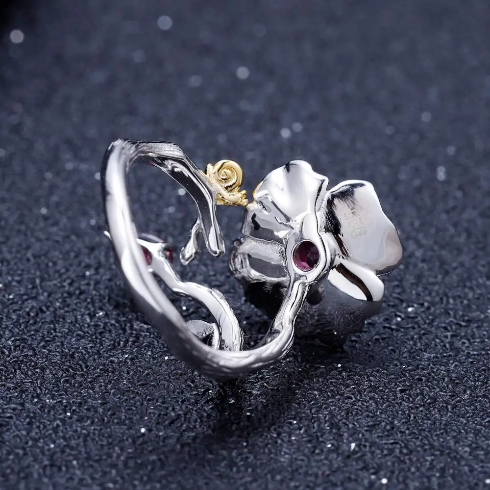 GEM\'S BALLET  Natural Rhodolite Garnet Ring 925 Sterling Silver Handmade Blooming Poppies Flower Rings for Women Fine Jewelry
