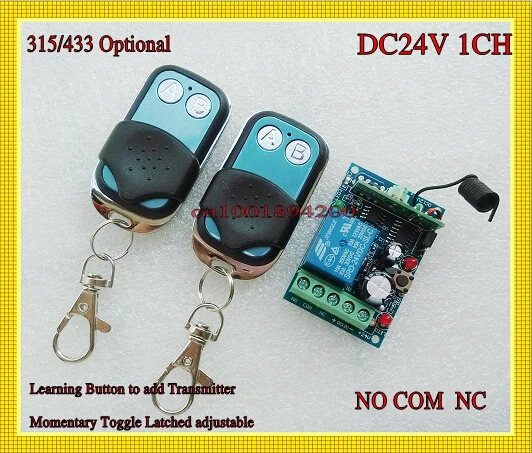 

DC24V 1CH 10A Relay RF Remote Controller Switch System1Receiver&1Transmitter A ON B OFF ED Indicator Push Button 315/433MHZ