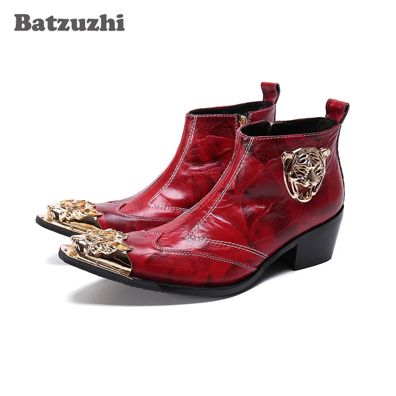 

Batzuzhi Luxury Boots Men Pointed Metal Tip Soft Leather Ankle Boots Zip Red Wedding and Party Boots Bota Masculina, Big US6-12