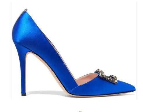 Carpaton 2018 Spring Autumn Office Lady blue satin crystal pointed toe high heel single shoes dinner shoes fashion women shoes