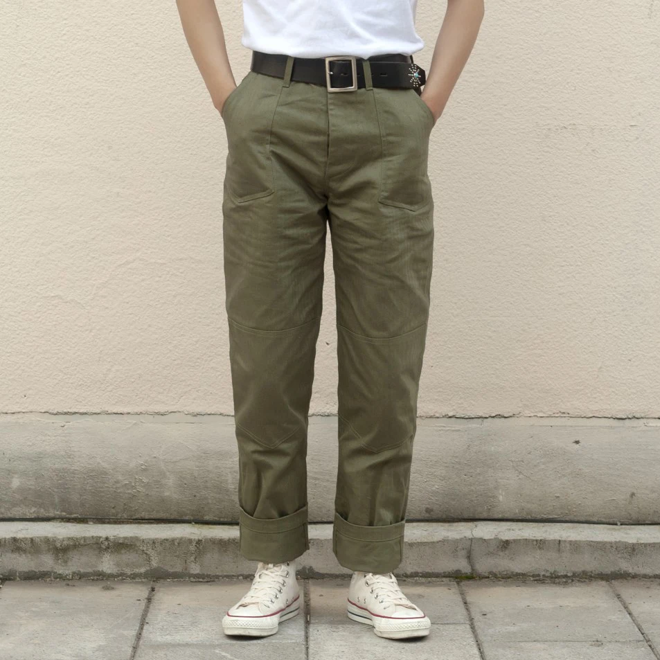 Herringbone Twill Military Trousers Retro 70s Men\'s Army Pants HBT Green Regular Fit