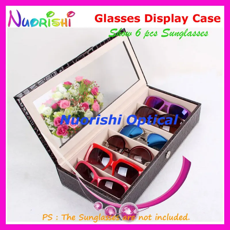 Holding 6pcs Eyewear Sunglass Eyeglass Glasses Brown Leather Display Sample Case Box May With Clear Cover A631-6S Free Shipping