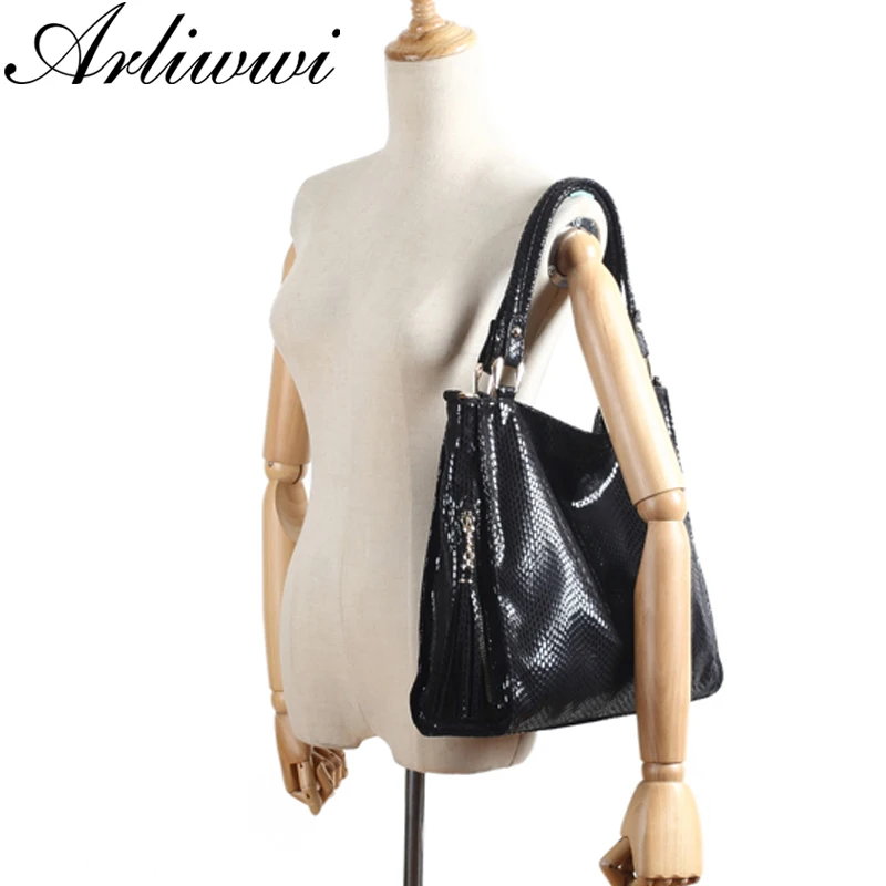 Arliwwi Brand High Quality Shiny PU Leather OL style Serpentine Embossed Large Capacity Ladies Shoulder Bags Handbags Women QK10