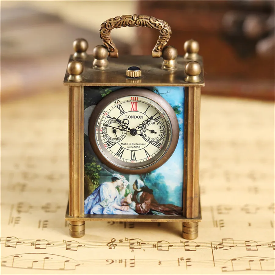 Unique Retro Painting Mechanical Table Watch Bracket Clock Vintage Antique Art Square Bronze Home Decoration Watch Clock