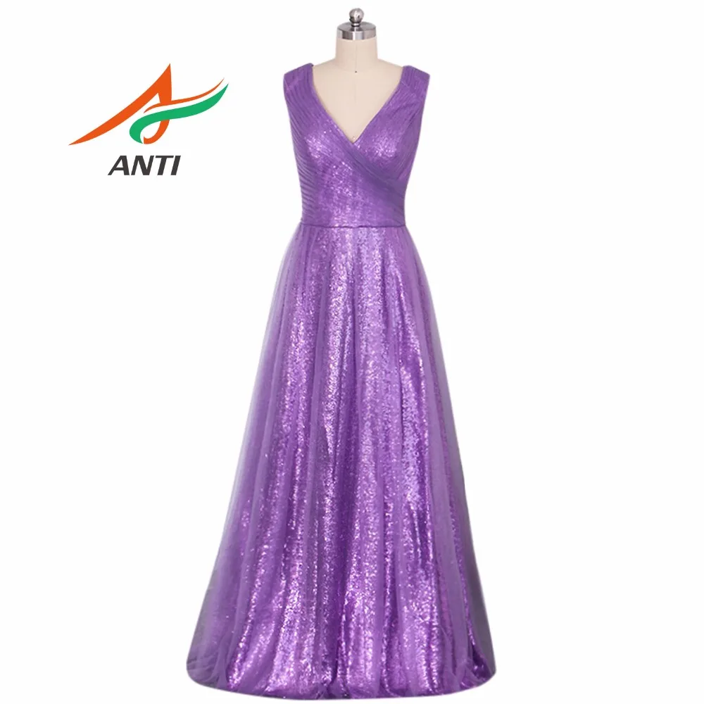 

ANTI Robe De Soiree A-Line Lavender Long Evening Dress Party Elegant Vestido De Festa Long Prom Gown 2019 With Sequin Tulle