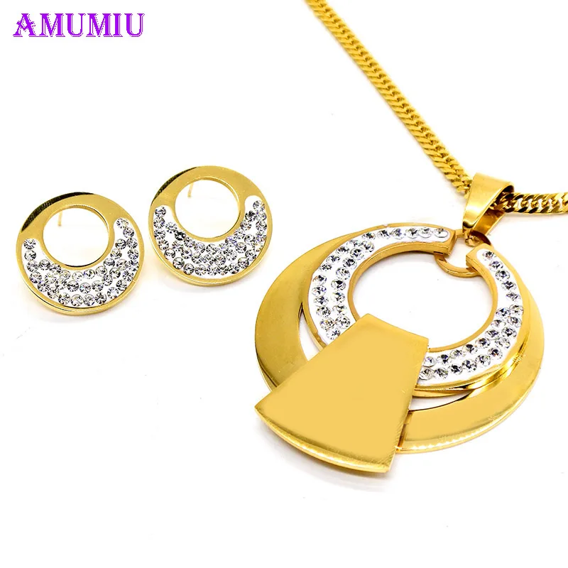 AMUMIU New Arrival Women Zircon Round Pendent Choker Chain Necklace Earrings Wedding Jewelry Set Fashion Leader Choice JS088