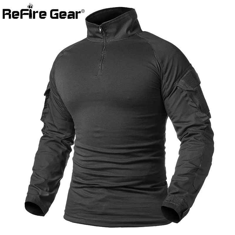 ReFire Gear Army Combat T shirt Men Long Sleeve Tactical T-Shirt Solid Cotton Military Shirt Man Navy Blue Hunt Airsoft T Shirts