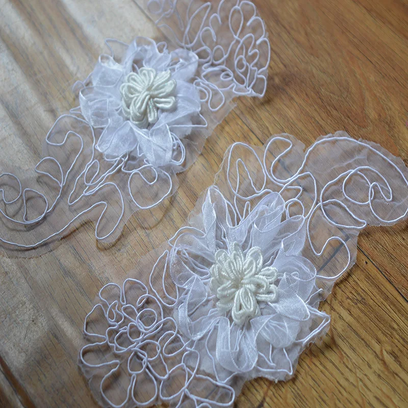 (2pcs/lot)White Organza 3D Flowers  Lace Trim Fabric Millinery Accent  Dress Decoration Bridal Trim 06082138