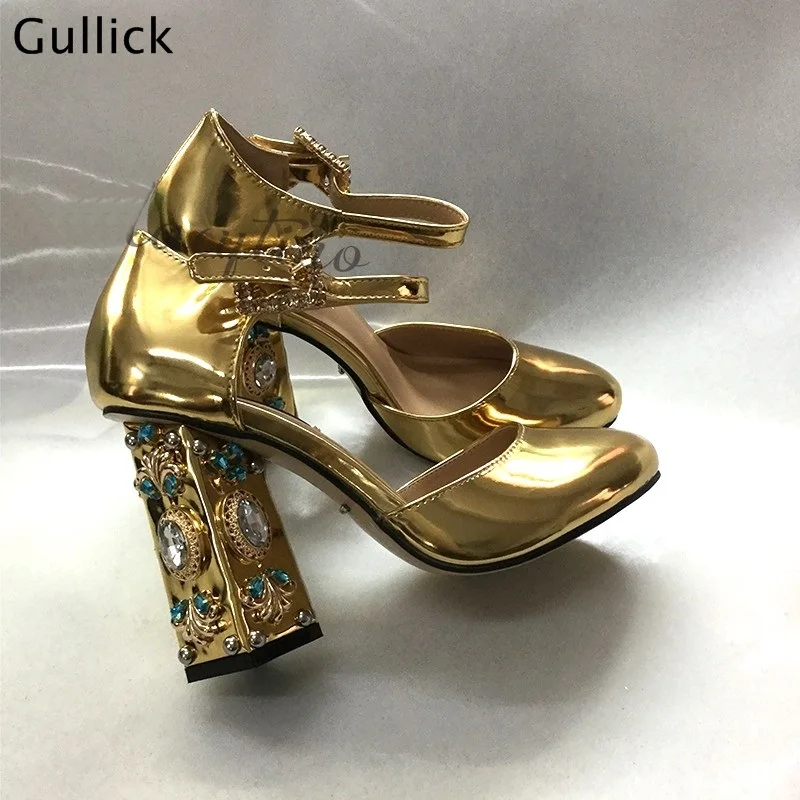 Gullick 2018 New Fashion Luxury Crystal Decor High Chunky Heels Women Golden Sliver Pumps Party Wedding Dress Shoes Sweet Style