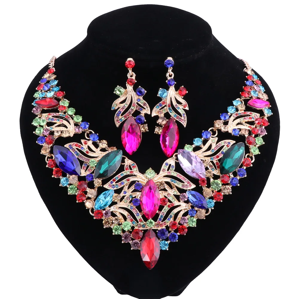 Fashion Rhinestone Crystal Choker Necklace For Women Statement Necklaces Earring Collar Boho Jewelry Sets 5 Colors