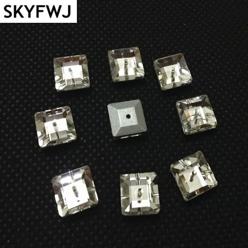 Crystal Clear Color Square Shape Glass Crystal Sew on Rhinestone Pointback 1 Middle Hole for Garments DIY 6mm 8mm 10mm 12mm