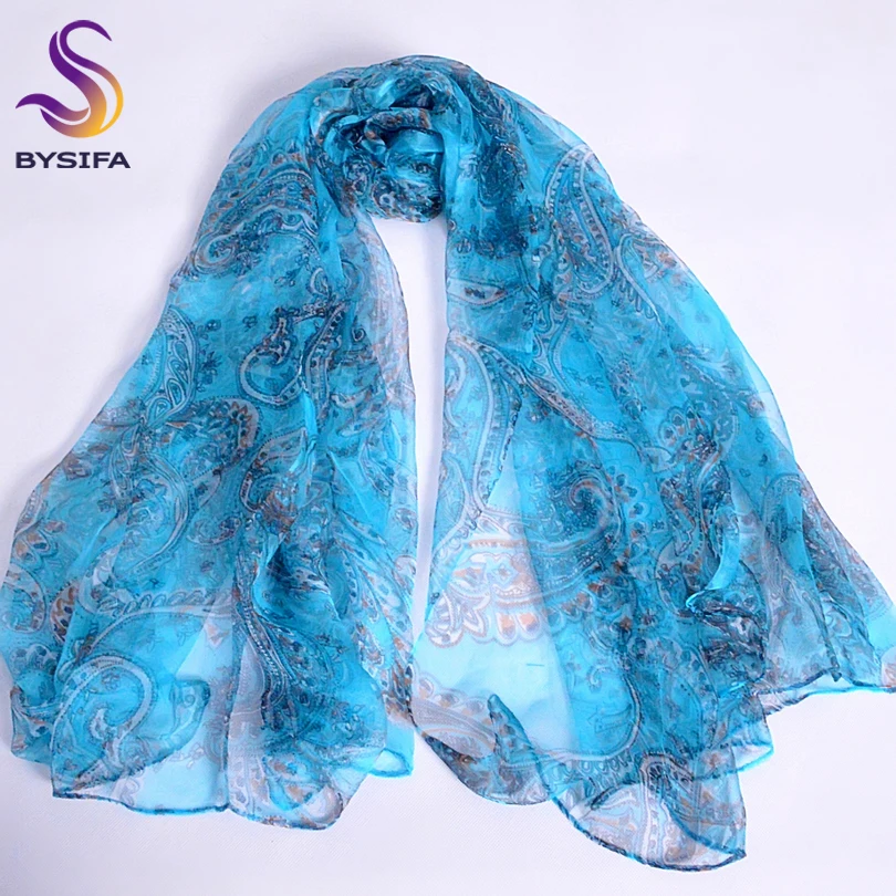 Light Blue Silk Scarves Printed 2016 New Design Fashion Accessories 100% Pure Silk Long Scarves 170*110cm Long Paisley Scarves