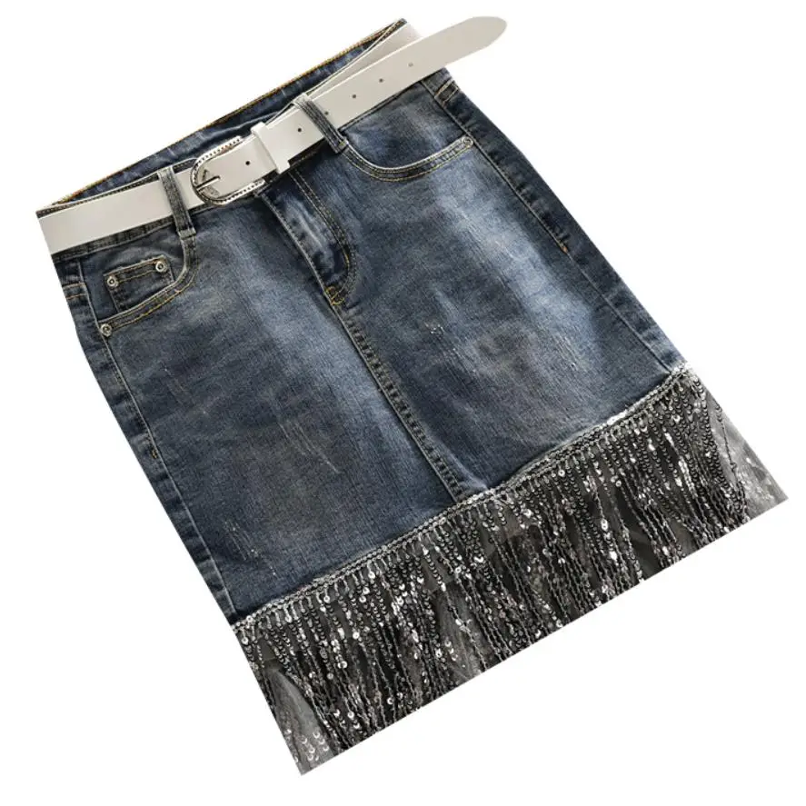 Denim skirt women summer fashion sequins tassel high waist package hip stretch short step jeans skirt