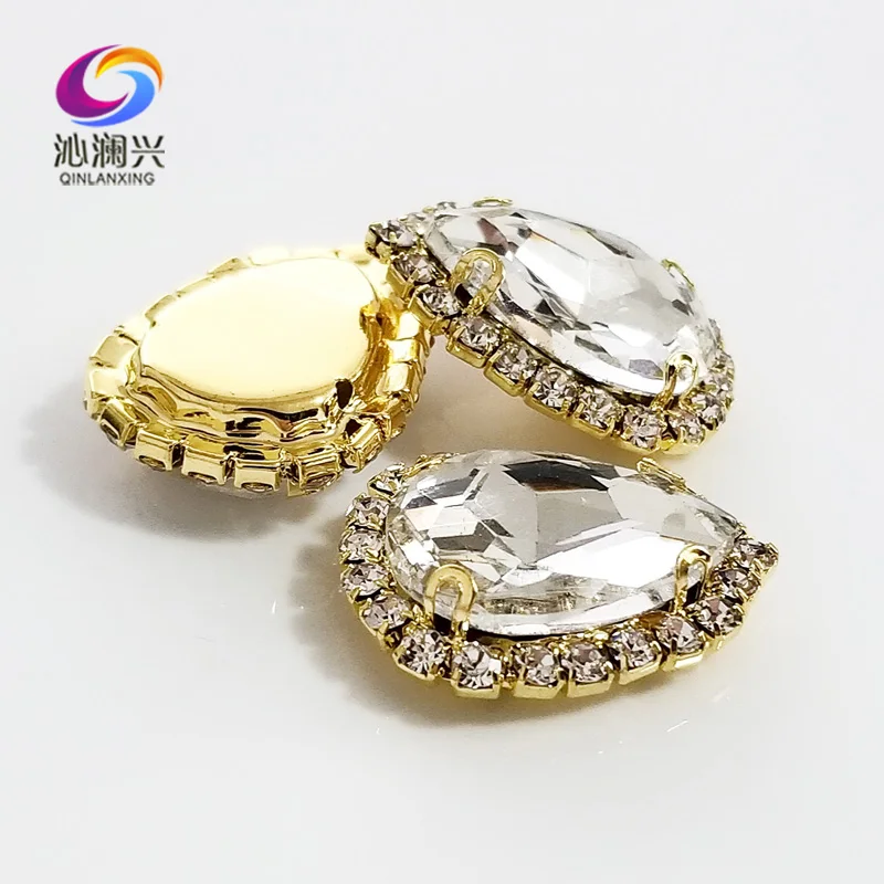 Factory sales Golden bottom Top grade Glass Crystal buckle,Drop shape white sew on rhinestones,Diy wedding decoration 10pcs/pack