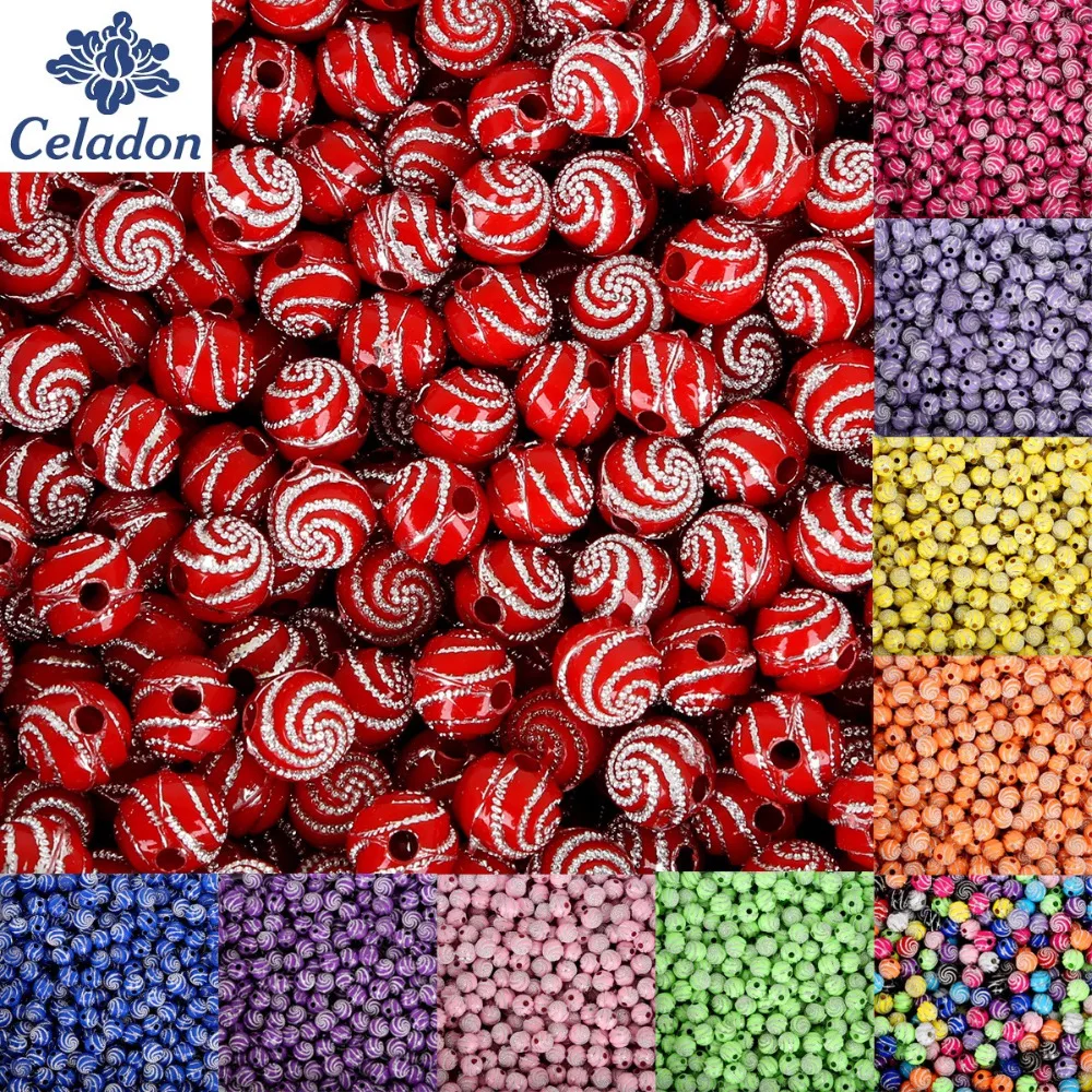 100 pcs/bag 8mm Hole 1.8mm High quality Red/Blue/Pink/Yellow/Black Acrylic Beads For Bracelet Necklace DIY Round Spiral Pattern