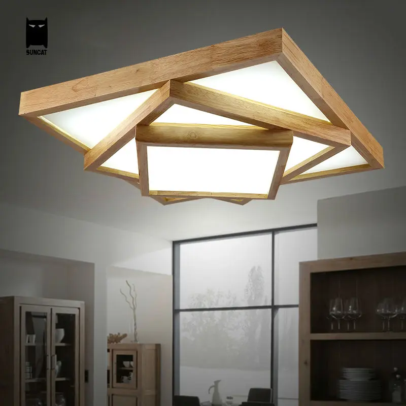 LED Square Big Oak Wood Acrylic Ceiling Light Fixture Nordic Japan Style Plafon Lamp Luminaria Foyer Living Room Bedroom Kitchen