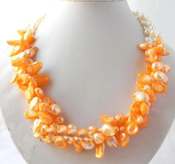 

Terisa PearlJewelry 100% Real Pearl Necklace 3Rows White Orange Freshwater Pearl Necklace 20inches