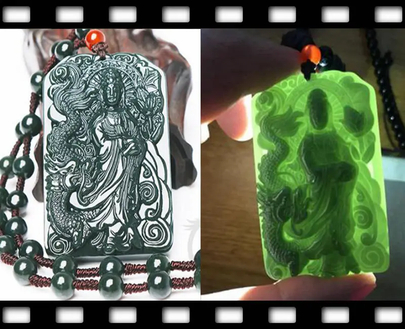 

Natural Hand Carved Hetian Green Jade Guan Yin With Dragon Amulet Lucky Pendant Bead Necklace*Free Gift Box