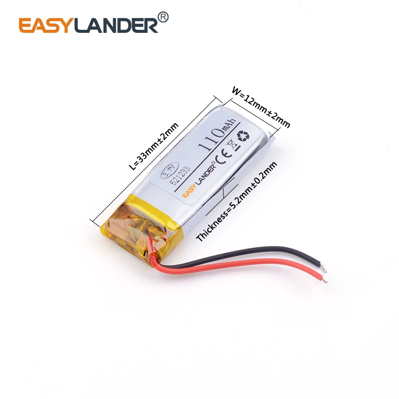 10pcs/Lot 521233 110mAH 3.7V Rechargeable Lithium Li-ion Polymer Battery for General Remote control two-way GPS DVR