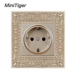 Minitiger 16A EU Standard Gold Power Socket 4D Embossing Retro Zinc Alloy Panel Wall Power Socket AC 110~250V