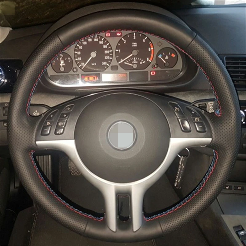 Shining wheat Hand-stitched Black Genuine Leather Car Steering Wheel Cover for BMW E39 E46 325i E53 X5