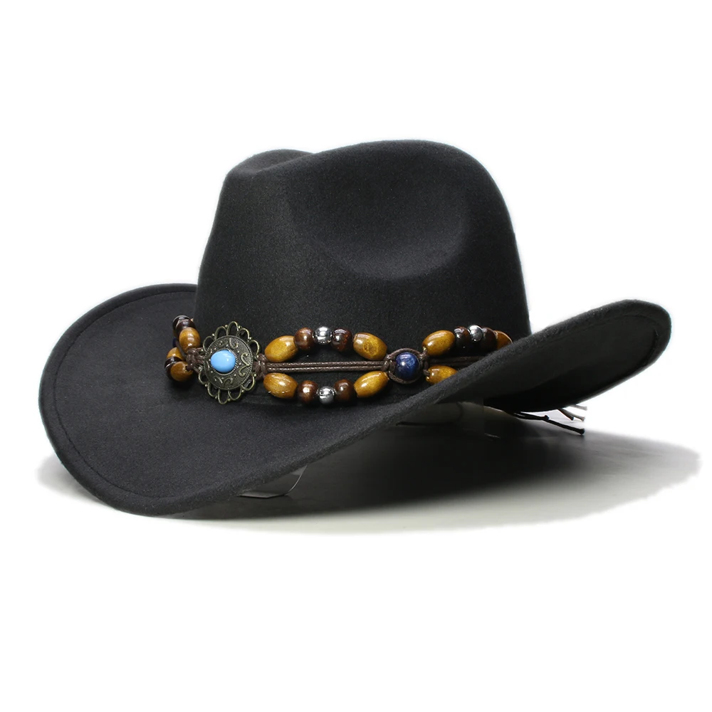 Retro Turquoise Wood Bead Braid Band Parent-child Unisex /Kid Felt Wide Brim Cowboy Western Hat Cowgirl Cap  (61cm/57cm/54cm)