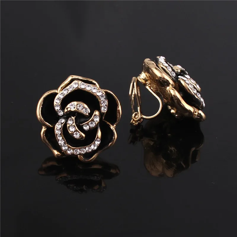 GRACE JUN Vintage Gold Color Rose Flower Shape Clip on Earrings No Pierced for Women Gorgeous Cushion Earrings Needn\'t Ear Hole
