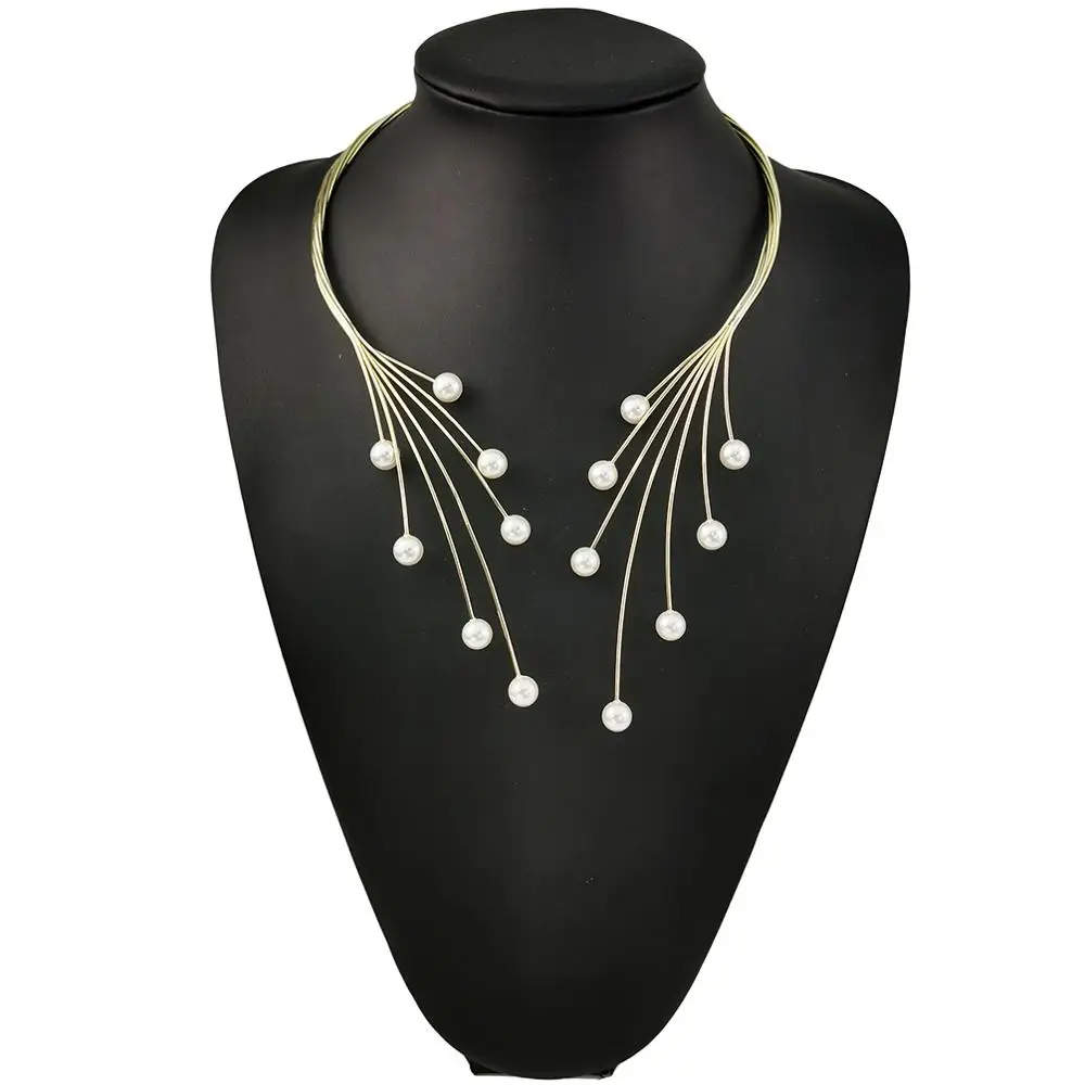 MANILAI Handmade Copper Weave Torques Necklaces Women Imitation Pearl Statement Choker Necklaces Charm Wedding Party Jewelry