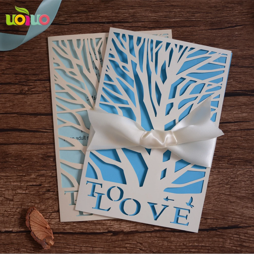 Free logo ivory and beige laser cut wedding favor invitation cards elegant tree shape wedding greeting cards cheape cards design