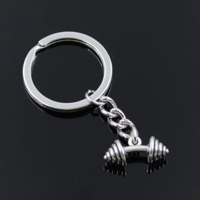 New Fashion Men 30mm Keychain DIY Metal Holder Chain Vintage Fitness Equipment Dumbbell 8x8x23mm Silver Color Pendant Gift