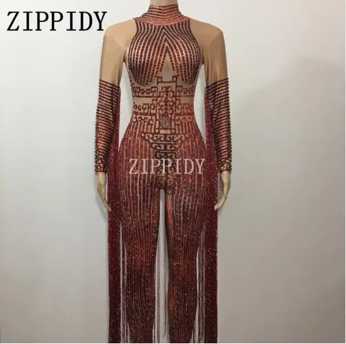 Fashion Glisten Crystals Red Jumpsuit Long Tassel Outfit Nightclub Female Singer Costume Stage Dance DS Performance Clothing