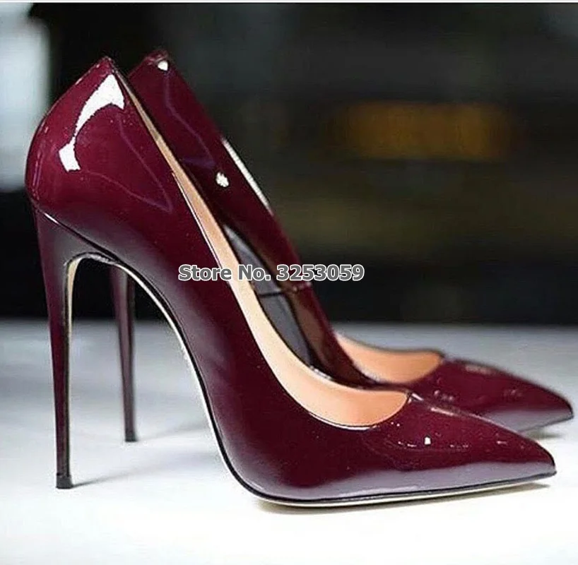 

ALMUDENA Sexy Burgundy Mirror Leather Shoes Thin High Heel Wine Red Pointy Toe Pumps Shallow Cut Wedding Shoes Drophip Size45