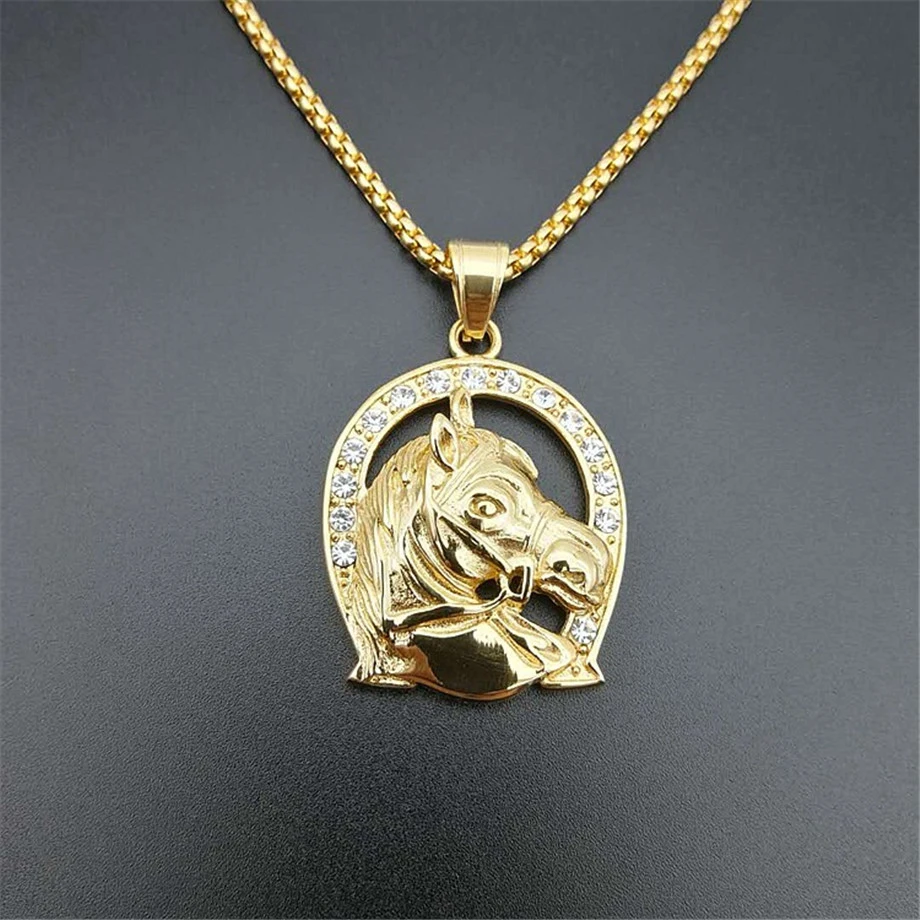 Jockey Club Horse Head Pendants Necklaces For Women/Men Gold Color Stainless Steel Horseshoe Iced Out Bling Hip Hop Jewelry