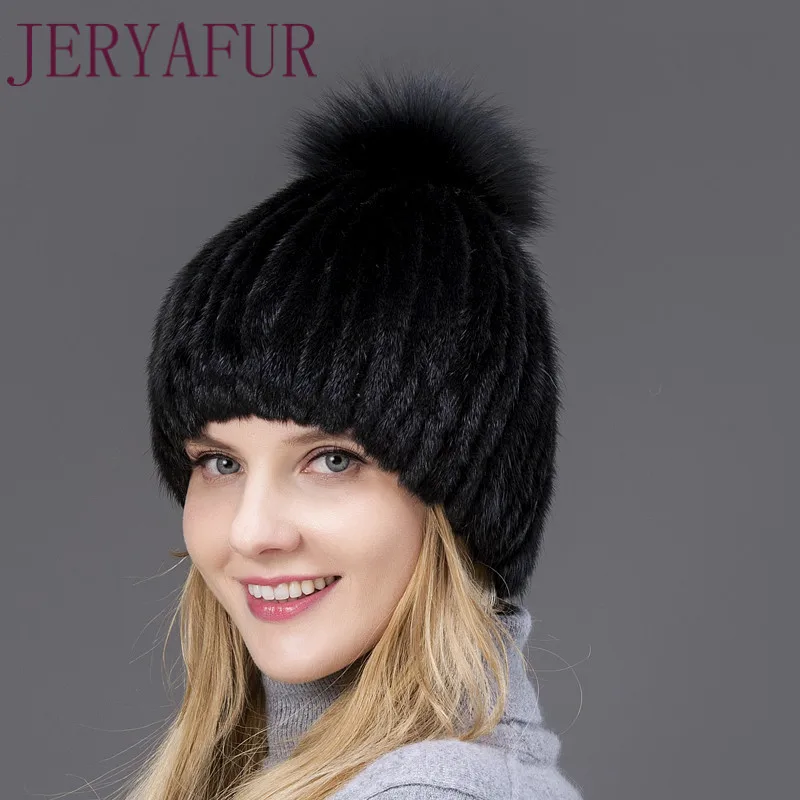 

JERYAFUR Hot Sale Fashion HTA Winter Warm Women Knitting Caps Mink Hats Vertical Weaving with FOX Pompom on The Top