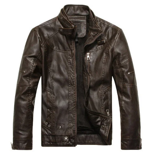 KH New Brand Men\'s Motorcycle Leather Jacket Stand Collar Bomber Jacket Jaqueta de couro masculina Casual Warm Leather Coat Male