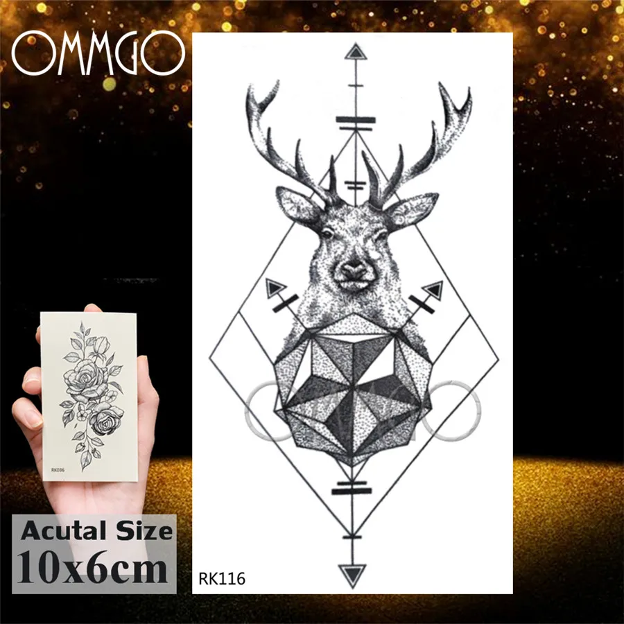 OMMGO Geometric Elk Antlers Temporary Triangle Tattoos Round Arrow Deer Rhombus Tattoo Body Art Arm Black Fake 3D Tatoos Sticker