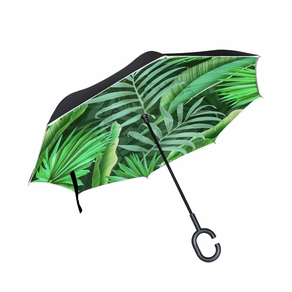 Green Leaves Pattern Reverse Umbrella Double Layer Long Handle Inverted Umbrella High Quality Fashion Accept Customized Parasol