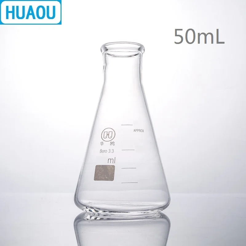 HUAOU 50mL Erlenmeyer Flask Borosilicate 3.3 Glass Narrow Neck Conical Triangle Flask Laboratory Chemistry Equipment