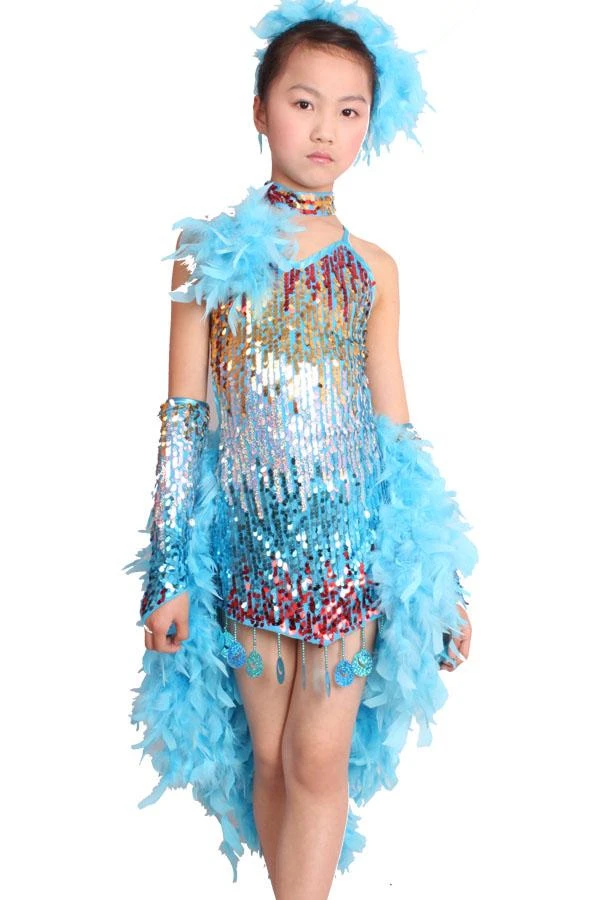 Hot New Girls Latin Dance Dress Costume Shining Sequin+Sexy Feather Skirt Salsa Jazz Ballroom Dance Performance/Competition Wear