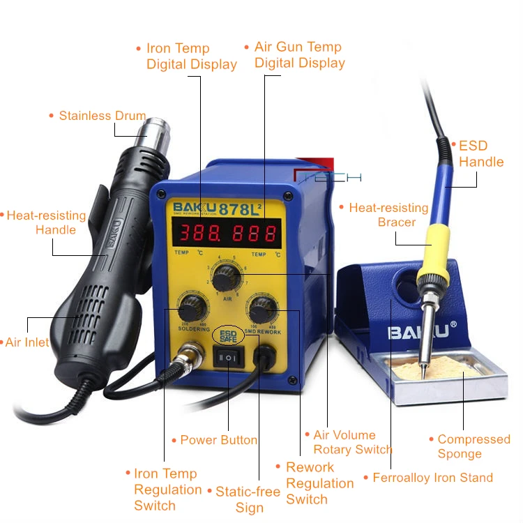 New Upgrade BAKU LED Digital Display SMD Soft Rotary Wind Hot Air Soldering Station with Heat Gun and Iron 2 in 1