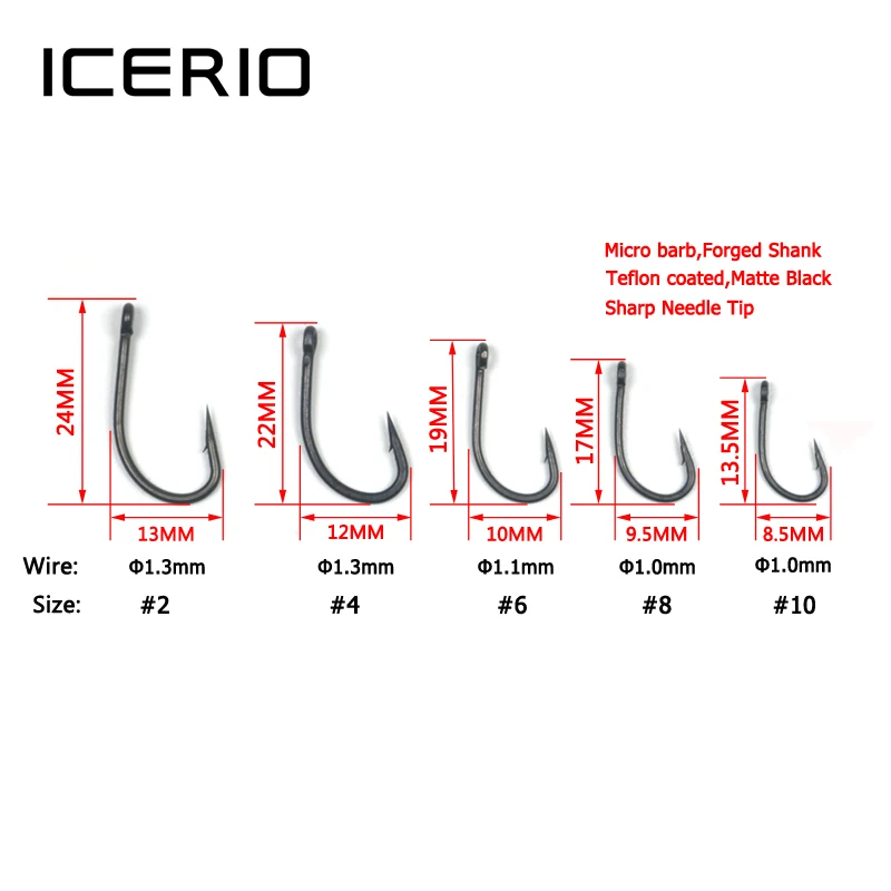 ICERIO 100PCS High Carbon Steel Coated Carp Fishing Hooks Matte Black Forged Shank Carp Hook