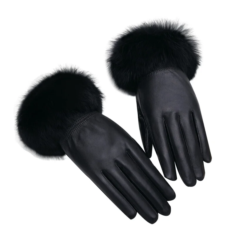 

2023 Winter Rabbit Fur Genuine Leather Gloves Women Feminino Real Sheepskin Finger Black/Brown Motorcycl Mittens Guantes Mujer