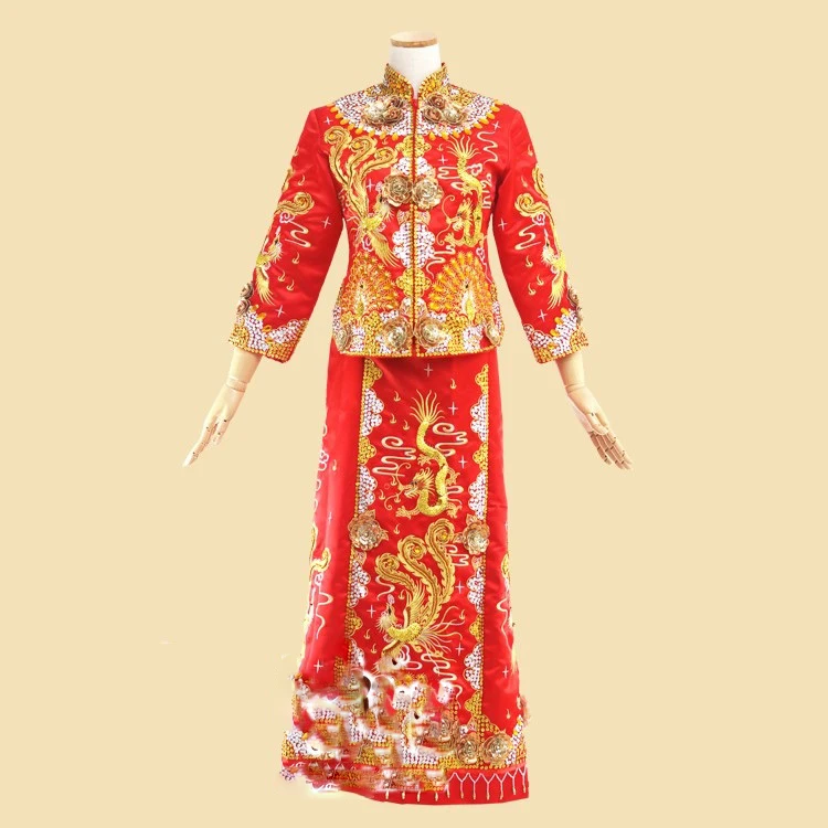 3D Peony Beading Embroidery Phoenix Dragon Traditional Chinese Wedding Hanfu Bride Costume Xiu He Fu for TV Play or Photography