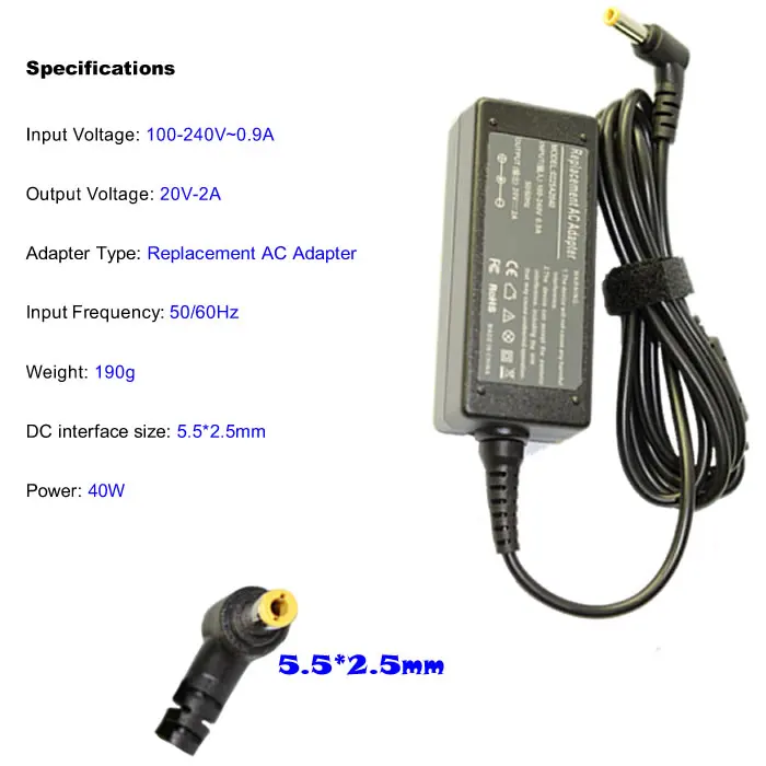 40W 20V 2A Replacement For Lenovo IdeaPad S9 S10 S10-2 LG X110 X120 X130 MSI U100 U115 U90 Laptop AC Charger Power Adapter