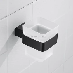 Matte Black Square Toothbrush Holder Cup Holder with Glass Tumbler Wall Mounted Bathroom Hardware Accessories 304Stainless Steel