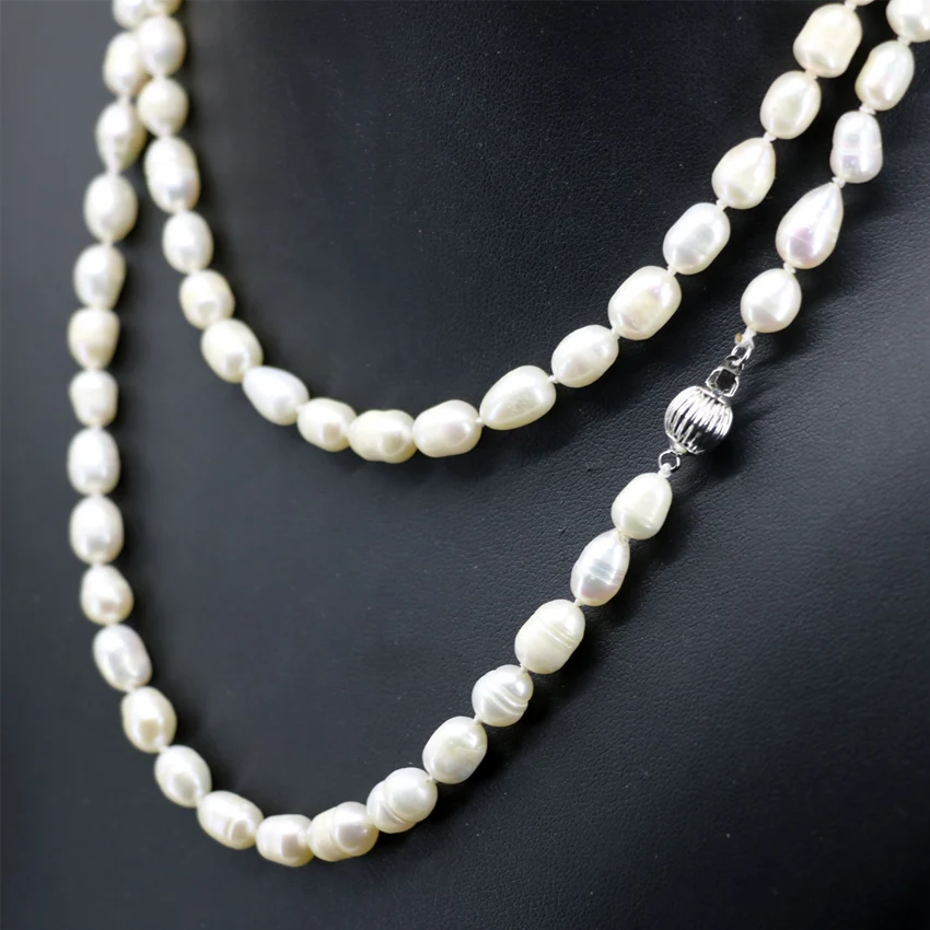 9-10mm natural white freshwater pearl barrel rice beadsd necklace for women weddings party long chain jewelry 36inch B2918